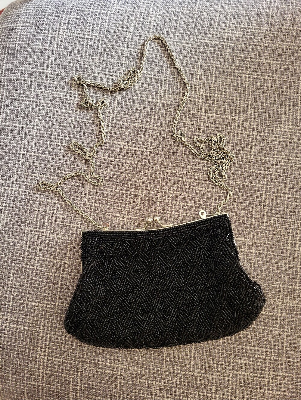 Vintage La Regale Beaded Black Clutch With A Silver Chain